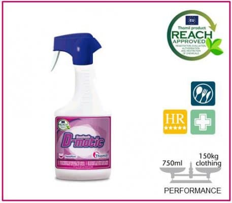 Powerful pre-treatment stain remover for textiles. Effectively lifts organic and inorganic stains while enhancing detergent performance. Citrus scent. 750ml spray. <p style="margin-top:1;"><strong style="color:#9d2235;">Note: This product may be subject to a 2-week lead time.</strong></p> ThomilMatic D-Matic