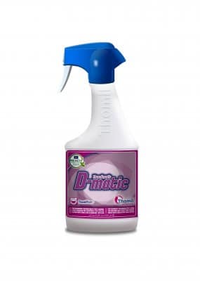 Powerful pre-treatment stain remover for textiles. Effectively lifts organic and inorganic stains while enhancing detergent performance. Citrus scent. 750ml spray. <p style="margin-top:1;"><strong style="color:#9d2235;">Note: This product may be subject to a 2-week lead time.</strong></p> Thomilmatic D-Matic Stain Remover